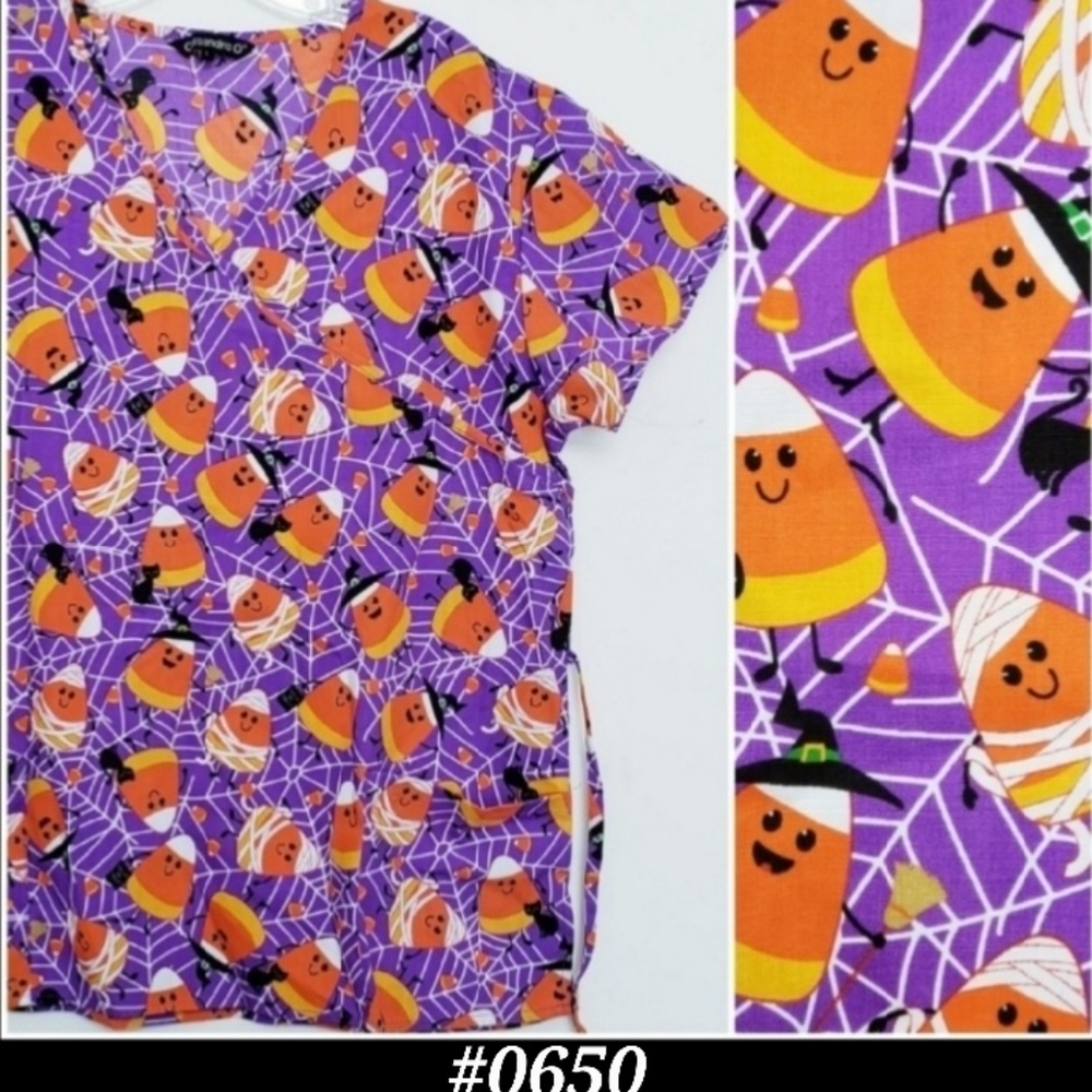 🤍NEW Cassandra O Halloween theme scrubs purple spider webs black cats LARGE